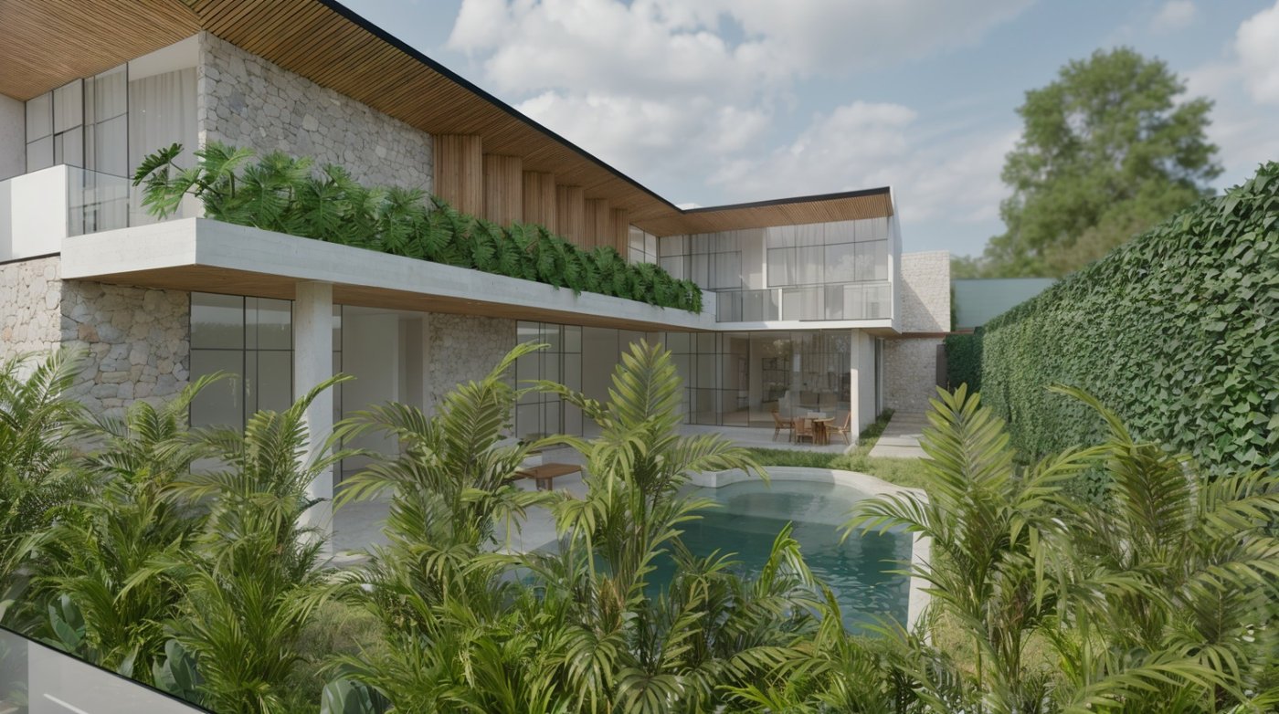 Estudo arquitetônico 3D da fachada da residência de alto padrão, integrada ao jardim e à área de lazer com piscina