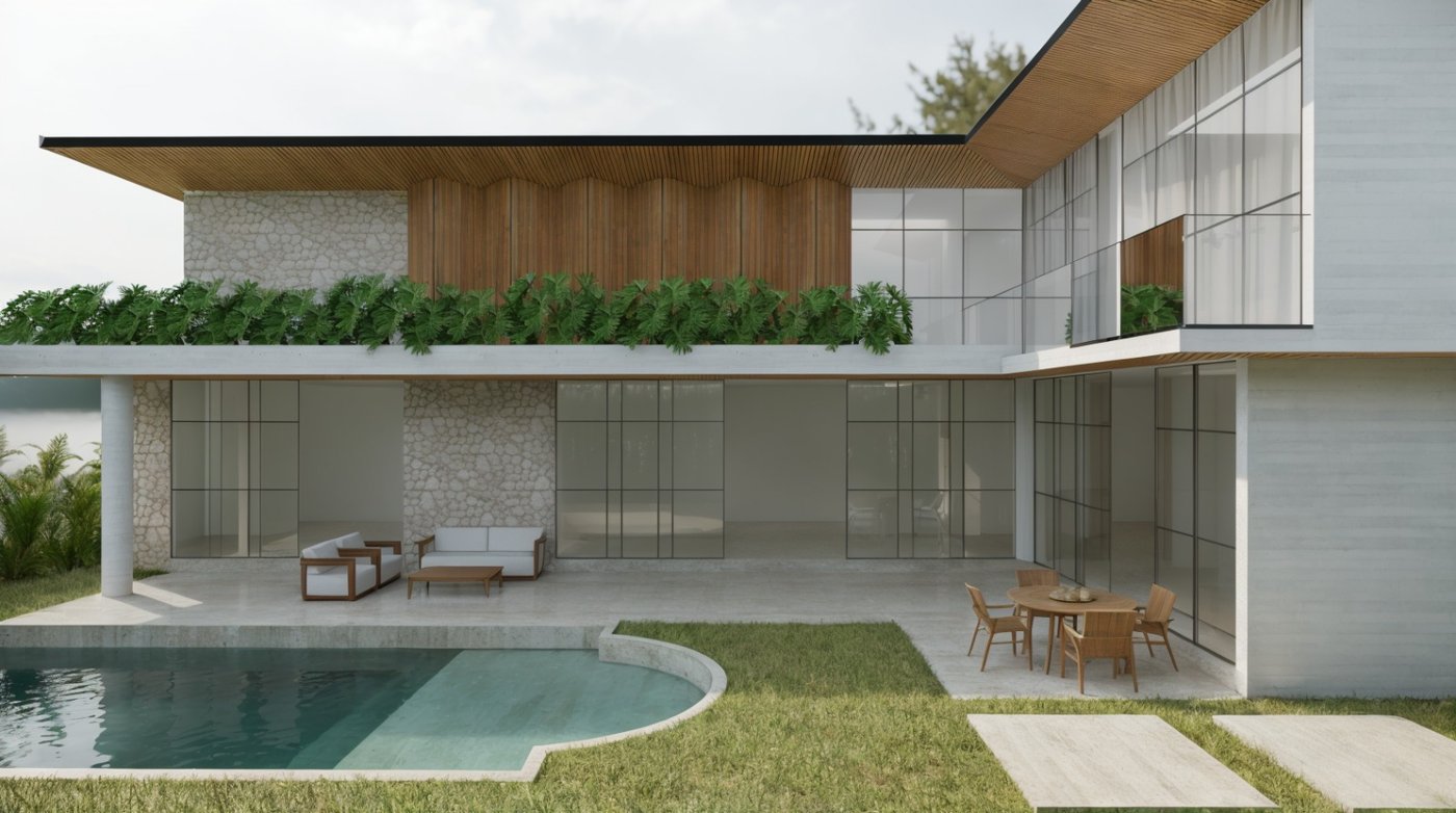 Perspectiva arquitetônica da residência de alto padrão com piscina e amplas aberturas de vidro
