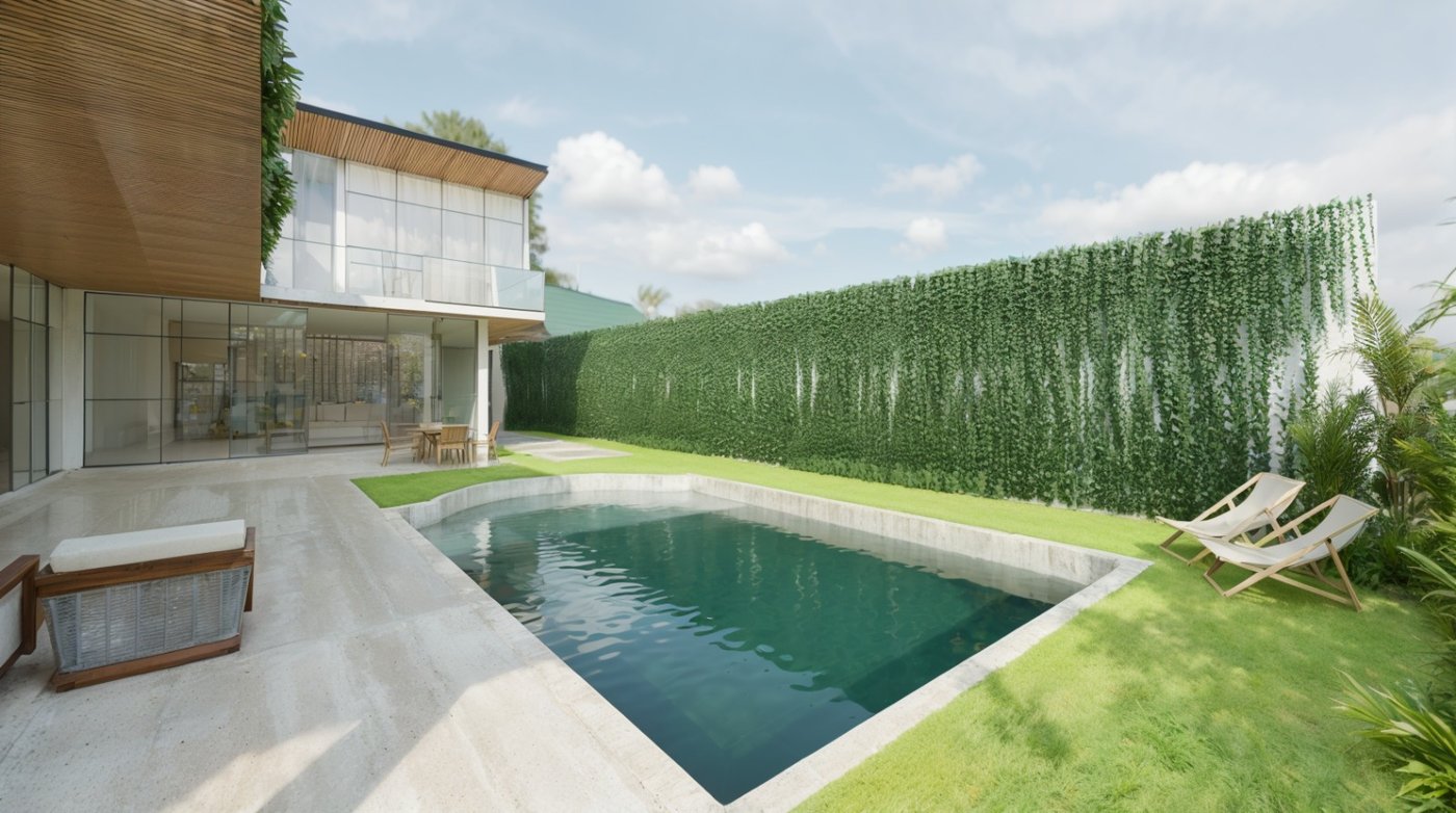Perspectiva da área de lazer da residência de alto padrão com piscina