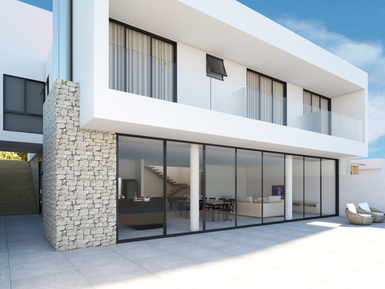 Perspectiva arquitetônica da residência integrando os volumes com a vista para a represa
