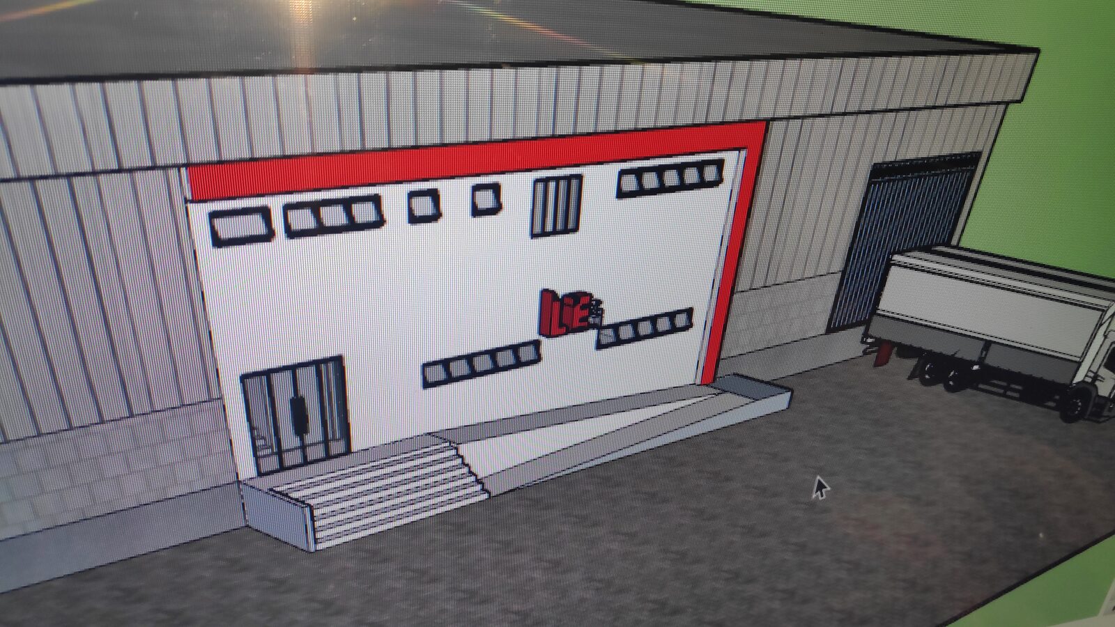 Estudo volumétrico 3D da fachada do galpão