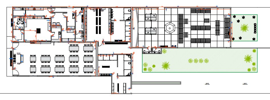 Planta baixa do projeto executivo de reforma e ampliação da área de vivência industrial, com setorização de cozinha, refeitório, vestiários e áreas externas