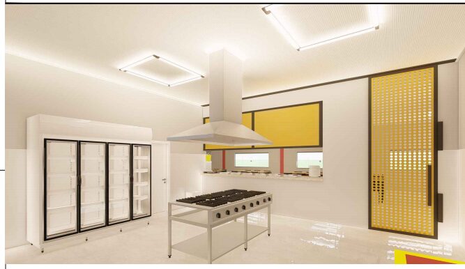 Maquete eletrônica 3D da cozinha industrial projetada, mostrando coifa central, câmaras refrigeradas e fluxo de produção